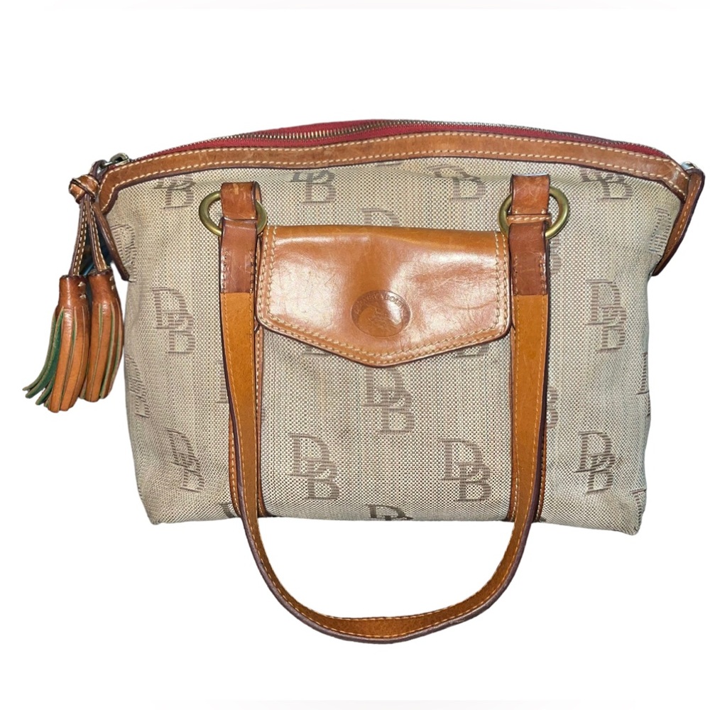 Dooney Bourke DB Logo Brown Handbag Purse Florentine Leather Red Lining